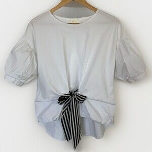 All:Row Women’s Blouse Front Tie Puff Sleeve Striped Lightweight Cotton S